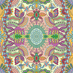 Hand drawn seamless graphic pattern, colorful artistic background with floral and geometric elements. Doodle ethnic mandala ornament for textile fabric, paper print. Surface texture 