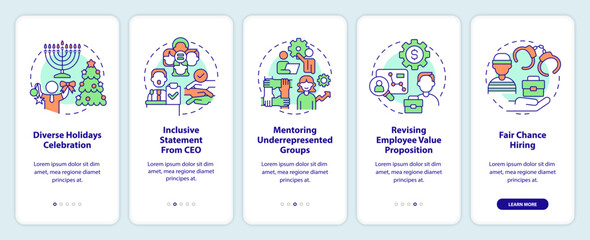 DEI initiatives for workplace onboarding mobile app screen. Inclusion walkthrough 5 steps editable graphic instructions with linear concepts. UI, UX, GUI template. Myriad Pro-Bold, Regular fonts use