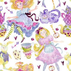 Seamless pattern with Alice, Cheshire Cat, cups, teapots, white rabbit, key, playing cards. Alice in Wonderland theme elements set. Watercolor illustration