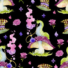 Seamless pattern with caterpillar on mushroom, hatter's hat, flowers and suits on black background. Alice in Wonderland theme elements set. Watercolor illustration - 572173061