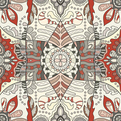 Hand drawn seamless graphic pattern, colorful artistic background with floral and geometric elements. Doodle ethnic mandala ornament for textile fabric, paper print. Surface texture 