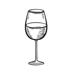 Wine glass hand drawn monochrome engraving style.