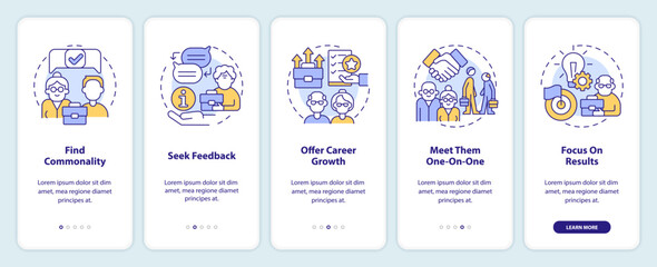 Younger managers and older employees tips onboarding mobile app screen. Walkthrough 5 steps editable graphic instructions with linear concepts. UI, UX, GUI template. Myriad Pro-Bold, Regular fonts use