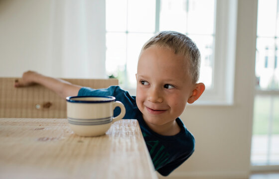 portrait of a young boy looking mischievous at home