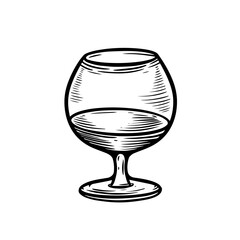 Cognac or whiskey glass hand drawn black color engraving retro style.