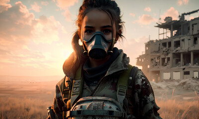 A girl in a gas mask in a post-apocalyptic world. Young girl soldier dressed in camo. Post-apocalyptic landscape of a destroyed city. The world after a nuclear war. Generative AI.
