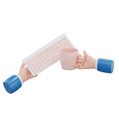 Hand holding coffee cup and keyboard. 3D rendering
