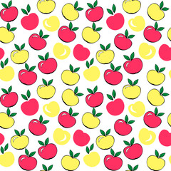 Seamless vector pattern with red and yellow apples on white background, colorful summer prints, wallpaper, packaging, fabric print.