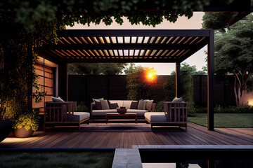 Trendy outdoor patio pergola shade structure, awning and patio roof, garden lounge, chairs, metal grill surrounded by landscaping - obrazy, fototapety, plakaty