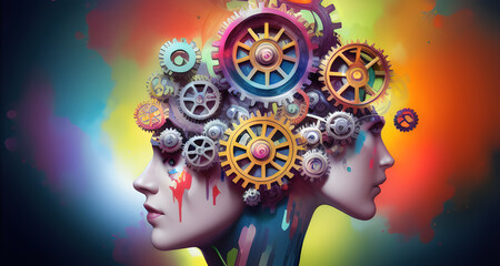 Multi-colored gears in the head of a person