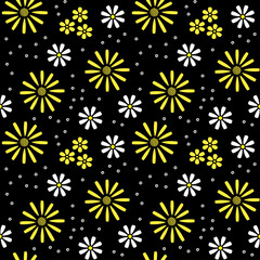 Floral seamless vector pattern, yellow and white flowers on a black background, summer prints, wallpaper, packaging.
