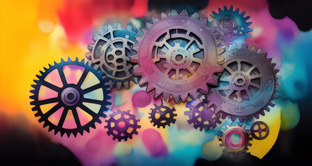 Multi-colored gears on a black background