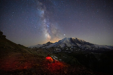 A Man is Sitting and Looking at the Milky Way Over Mt. Rainier