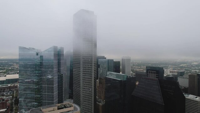The skyscrapers of Houston in the fog. Downtown Houston on a cloudy day