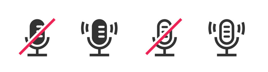 Mute voice record mic icon simple pictogram, turn on off disable microphone audio dictate button line outline art graphics illustration, ui interface web and app glyph symbol, black white set design