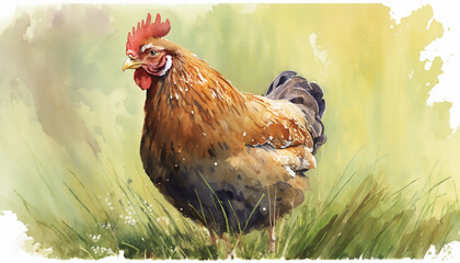 Watercolor painting of brown chicken on grassy field. Generative AI. - obrazy, fototapety, plakaty