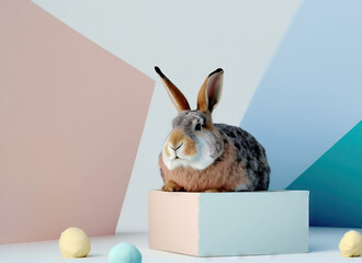 Easter card template: cute bunny is sitting in a carton box. Minimalistic background with pastel colors and lots of copy-space.