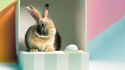 Easter card template: cute bunny is sitting in a carton box. Minimalistic background with pastel colors and lots of copy-space.