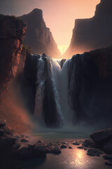 Sunset view of waterfall and canyon generative AI