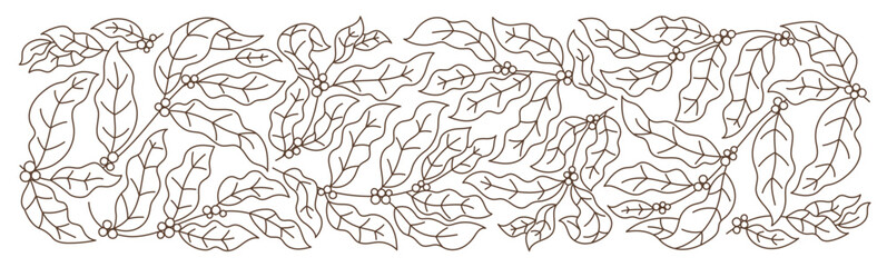 Coffee beans and leaves background. Coffea plant pattern. Branches with fruits. Editable outline stroke. Vector line.