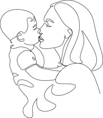 Abstract mother with a child in continuous one line drawing art style. Mother`s Day card. Woman hugging her baby. Happy motherhood concept. Modern vector illustration