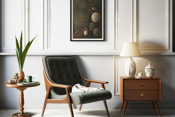 Stylish and modern cozy interior with retro vintage armchair and coffee-table and painting on the white wall.