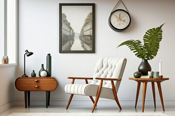 Stylish and modern cozy interior with retro vintage armchair and coffee-table and painting on the white wall.