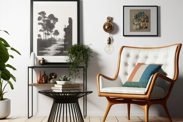 Stylish and modern cozy interior with retro vintage armchair and coffee-table and painting on the white wall