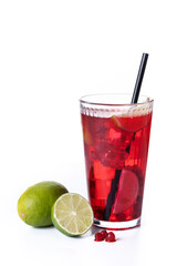 Cape Codder cocktail with vodka, cranberry juice and lime isolated on white background