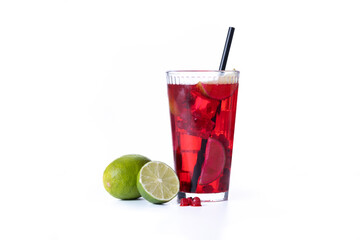Cape Codder cocktail with vodka, cranberry juice and lime isolated on white background