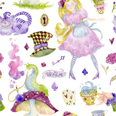 Seamless pattern with Alice, Cheshire Cat, caterpillar on mushroom, hat, key.. Alice in Wonderland theme elements set. Watercolor illustration - 572178420