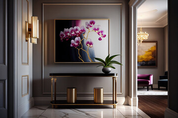 In a contemporary hallway interior, a console table takes center stage, adorned with a lovely orchid bloom, adding a touch of elegance and natural beauty to the space