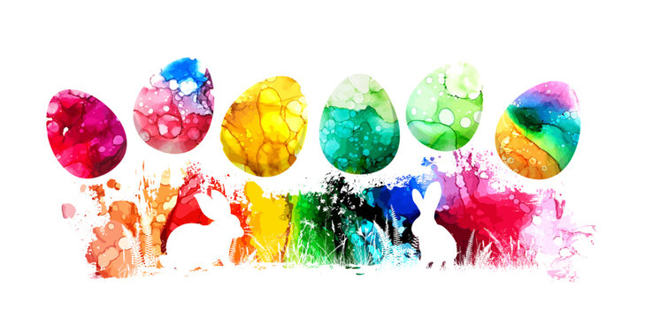 Happy Easter. Multicolored rabbits. Vector illustration