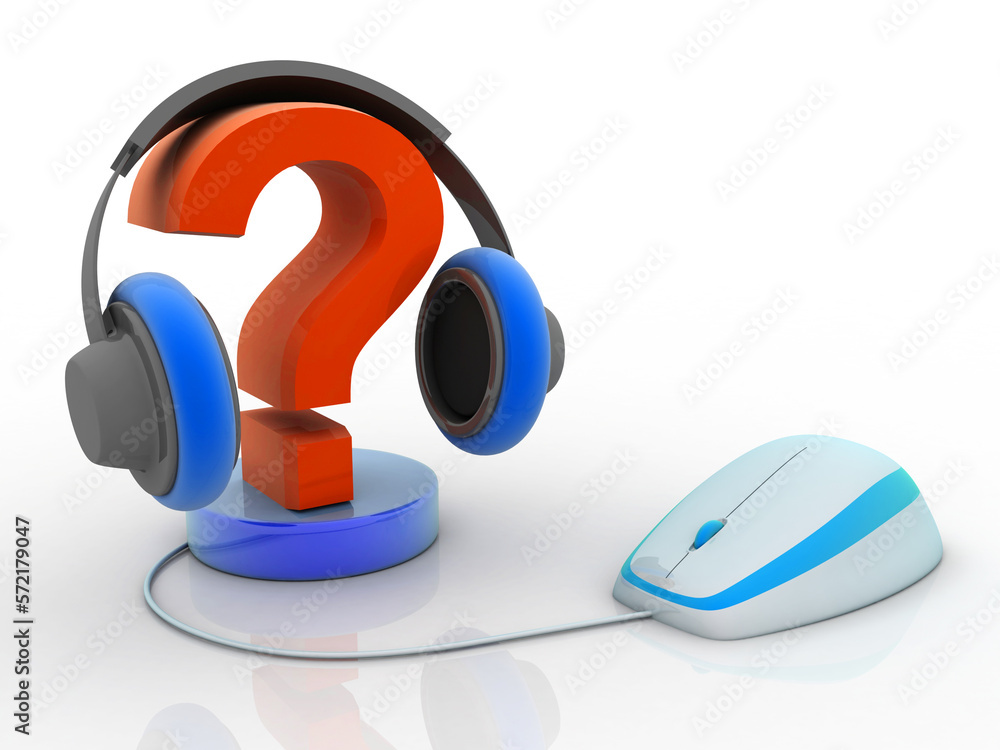 Poster 3d rendering question mark with headphone connected mouse