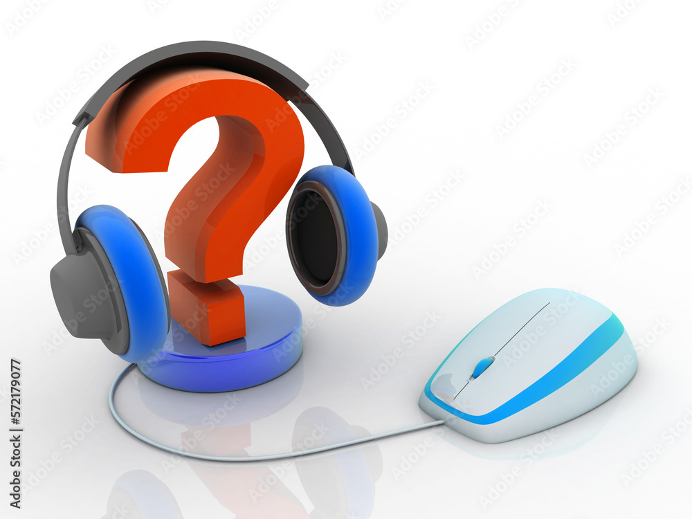 Poster 3d rendering question mark with headphone connected mouse
