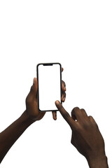 African American Hand using a  smartphone iphone 14 with blank screen and modern frameless design  - isolated on Transparent background - Clipping Path PNG Mockup 