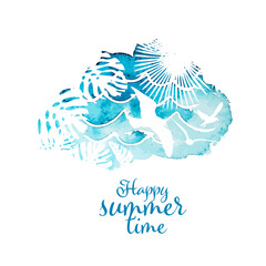 Abstract sea watercolor and palm leaf. Happy summer time. Vector illustration