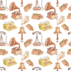 
Retro items phone, typewriter, records, hand drawn watercolor illustration. Large set of individual elements on a white background
