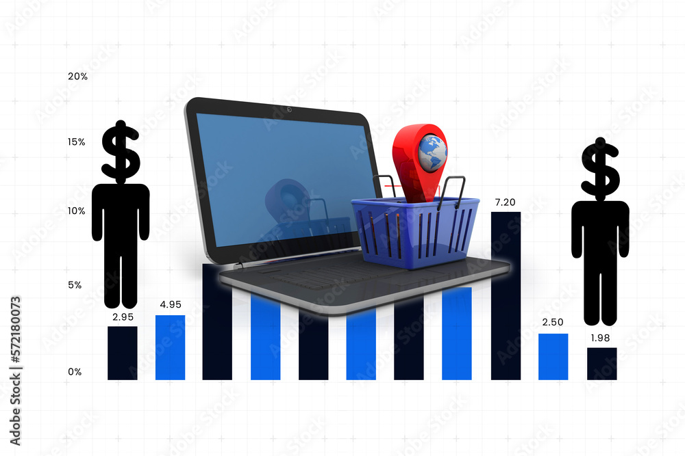 Poster 3d rendering red map pointer in basket on laptop