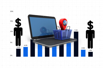 3d rendering Red map pointer in basket on laptop