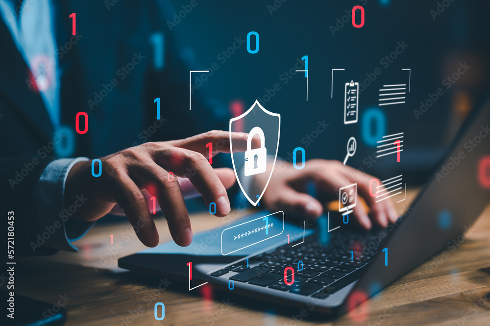 Poster User authentication system with username and password, cybersecurity concept, information security and encryption, secure Internet access, technology and cybernetics. computer security system.