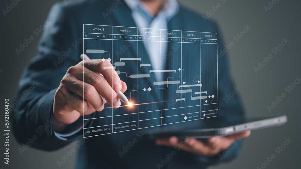 Leinwandbilder Project manager working with Gantt chart schedule to plan tasks and deliverables. Scheduling activities with a planning software, Corporate strategy for finance, operations, sales, marketing.