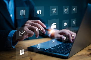 online document, Document management system (DMS), business process automation technology. businessman wroking with document icon on virtual screen. File storage and archiving. ERP. Folder structure.