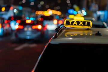 Berlin Germany Illuminated Taxi sign on a car in a busy street at night