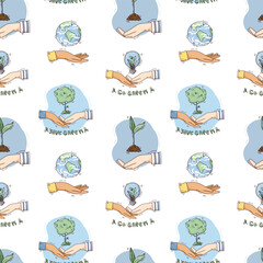 cartoon hand drawn seamless pattern of eco save concept