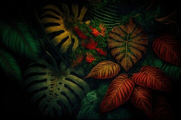 a painting of a jungle scene with tropical leaves and plants on a black background with a red frame and a green and orange leaf.