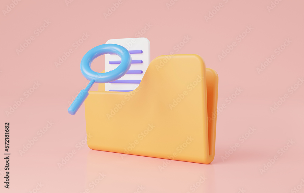 Fototapete folder files document with magnifying on pink background. document search, searching info, data anal