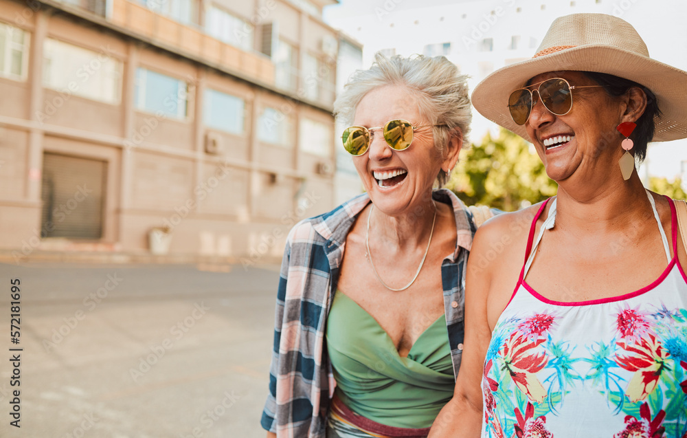 Sticker Friends, elderly women and travel, adventure in city and happiness, freedom outdoor with laughter. Happy, retirement and vacation in California, urban and smile with fashion, sunglasses and mockup