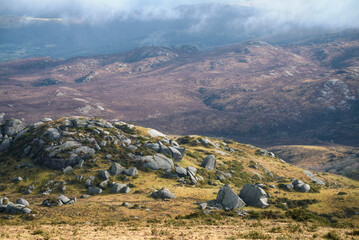Bare mountains and numerous granite boulders make up the landscape of the Xistral Mountain Range in...