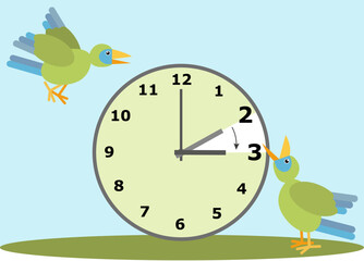 Daylight Saving Time. Birds reminding to set the clock one hour ahead. Spring forward.